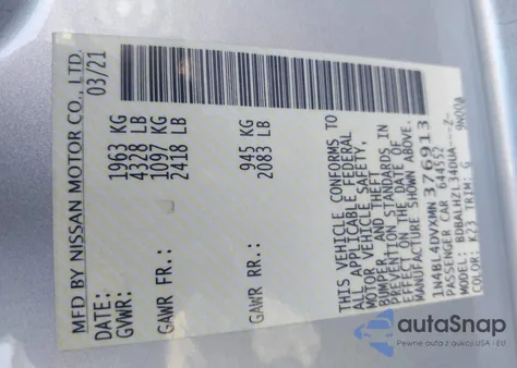 2021 Nissan Altima Sv Fwd from USA, damaged, VIN 1N4BL4DVXMN376913